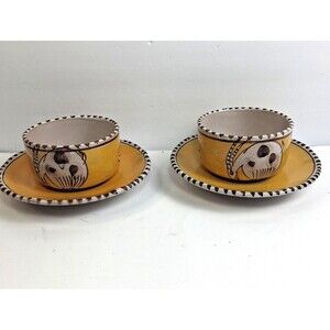 Vintage CAS Vietri Italy Hand Painted Capri Goat Yellow Cup and Saucer Set of 2